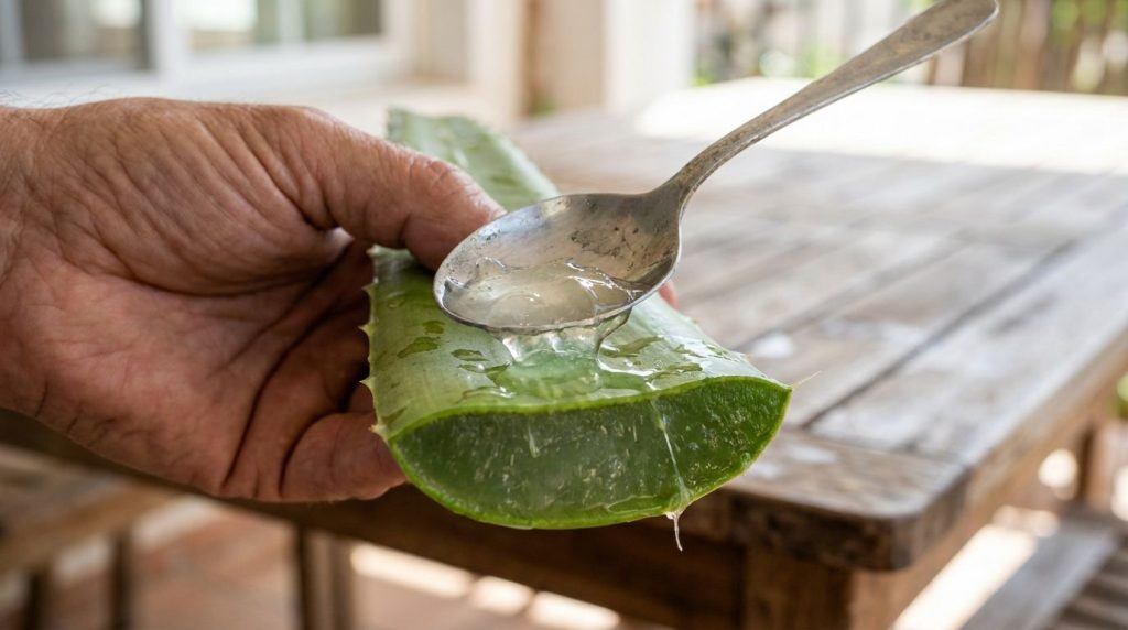 Fresh aloe vera leaf with gel being scooped out