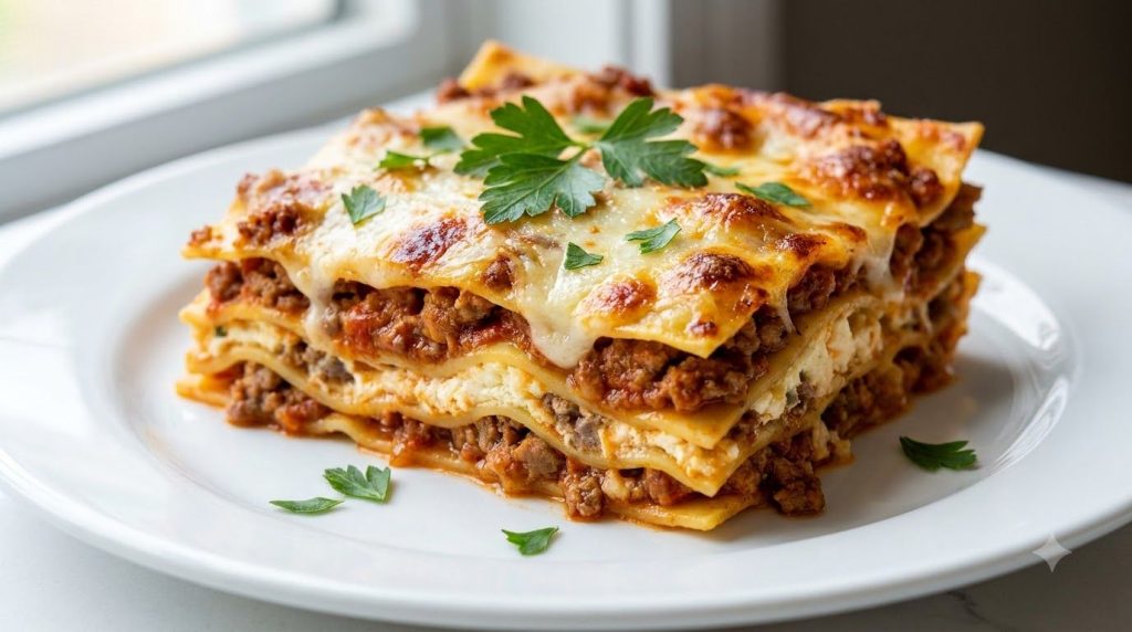 A generous slice of baked Million Dollar Lasagna on a white plate revealing distinct layers of pasta rich meat sauce and