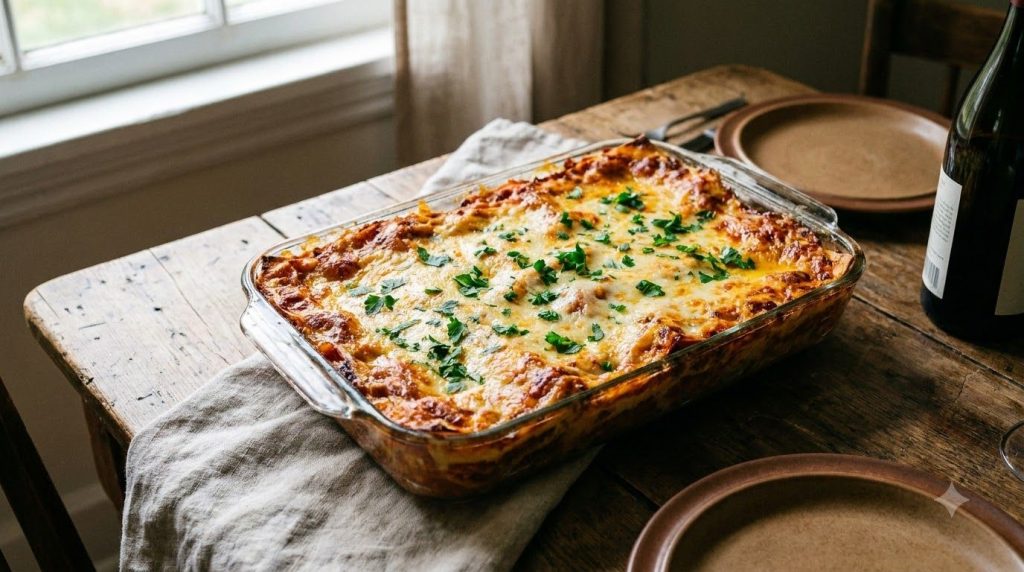 A full glass baking dish of baked lasagna with bubbly golden-brown cheese topping and fresh parsley garnish