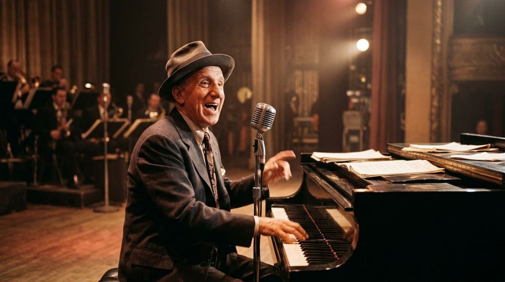 Jimmy Durante at a piano performing with a microphone in front of him looking towards the audience He has a joyful expre