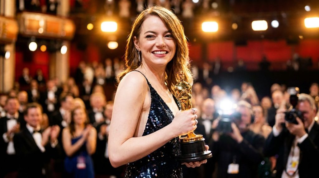 Emma Stone receiving an Academy Award for Best Actress smiling brightly