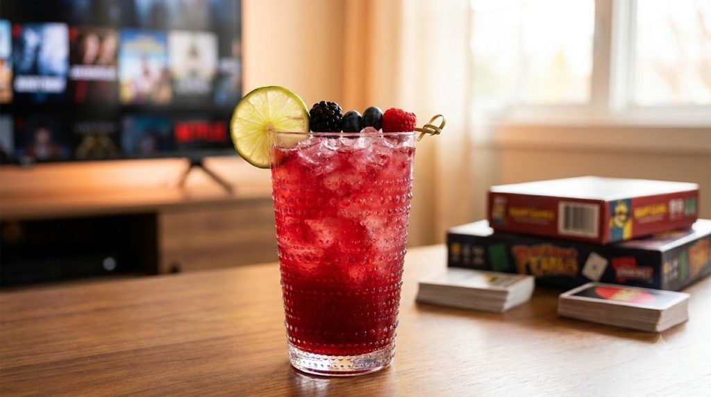 A perfectly mixed colorful Movie Night Secret Drink in a tall glass garnished with fresh fruit ready to be enjoyed durin