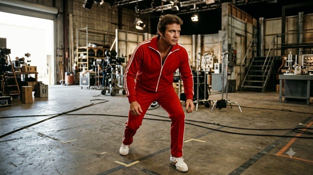 Lee Majors in character as Steve Austin from The Six Million Dollar Man looking determined with a subtle bionic effect o