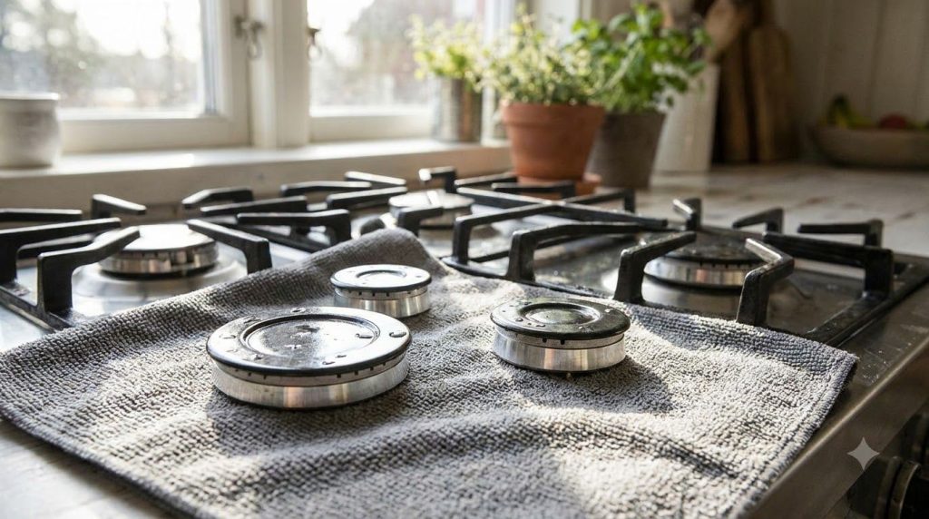 Clean shiny stove burner caps and grates drying on a microfibre cloth after being washed