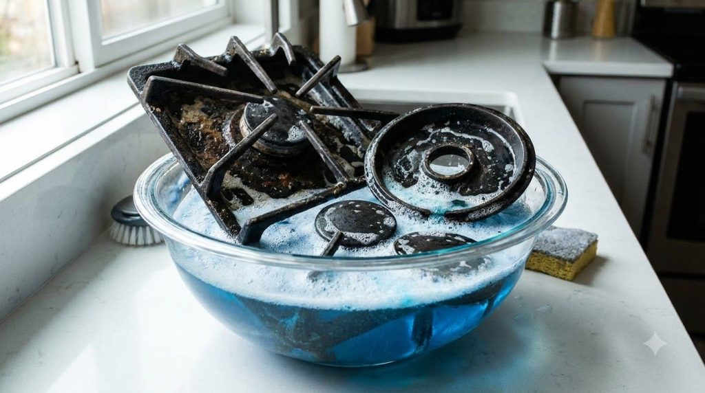Dirty stove burner components soaking in a foamy blue cleaning solution in a large glass bowl on a kitchen counter