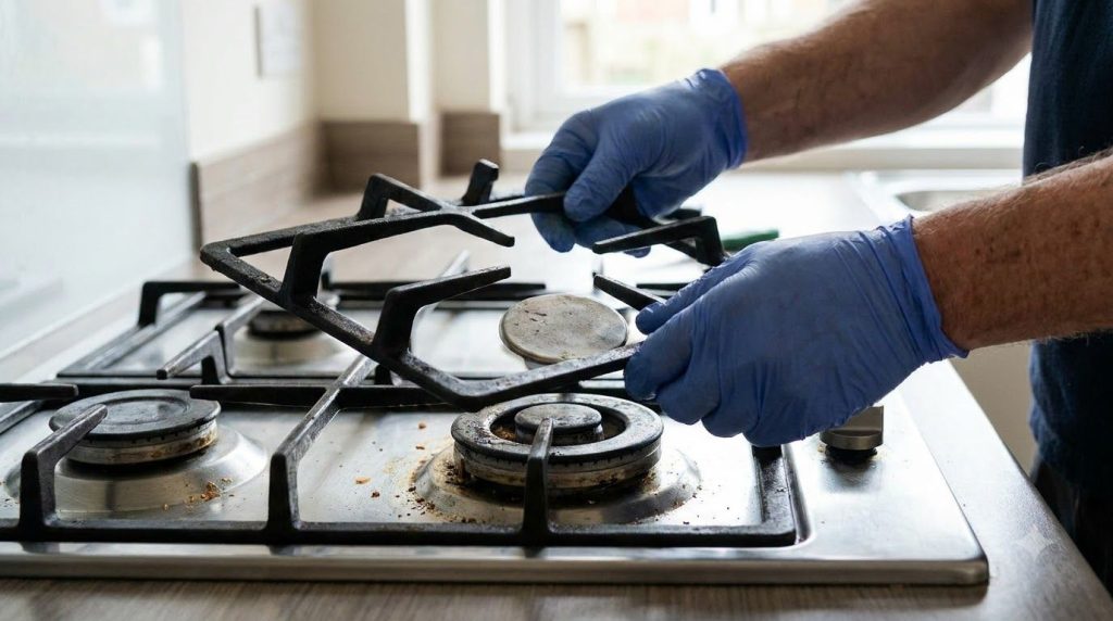 A person carefully removing the metal components of a gas stove burner showing them separated from the stovetop