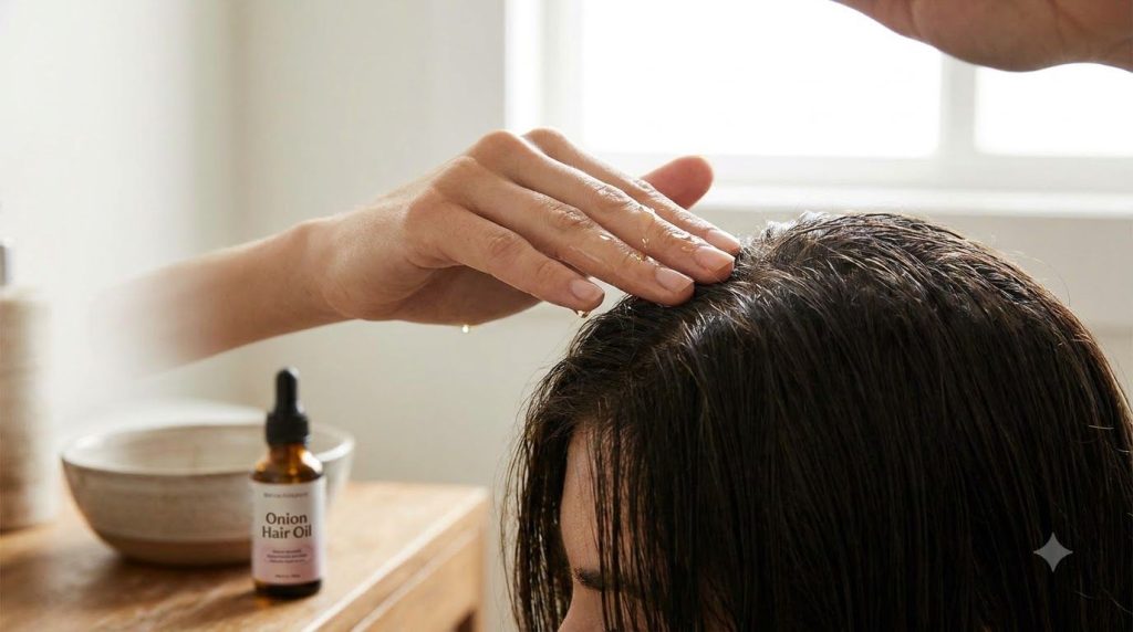 A woman gently massaging the onion hair oil into her scalp with her fingertips showing a close-up of her hands and hair 
