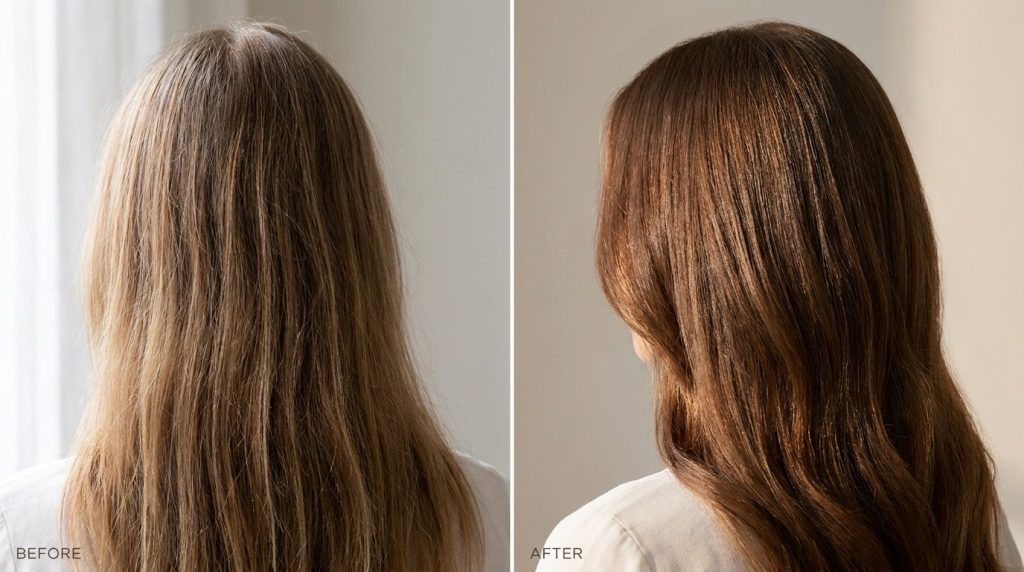 A side-by-side comparison image showing a before picture of thin dull hair and an after picture of visibly thicker shini