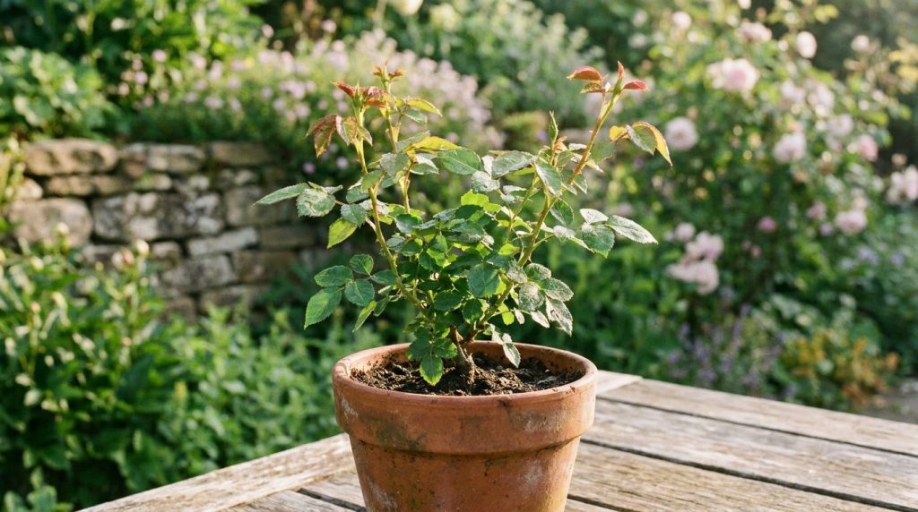 A small potted rose plant recently propagated with lush green leaves and healthy new growth sitting in soft sunlight
