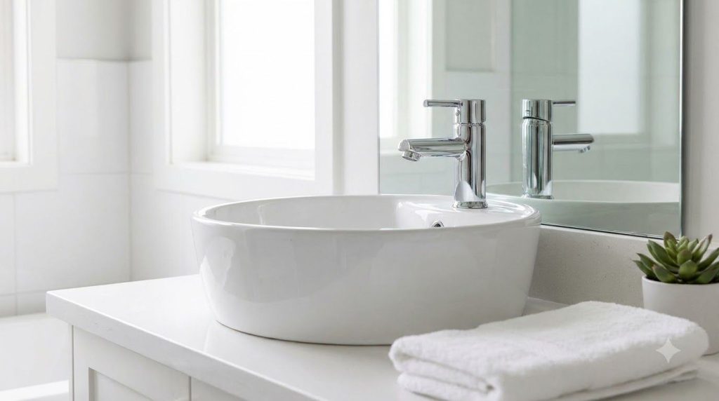 A sparkling clean bathroom sink with a shiny chrome faucet after cleaning