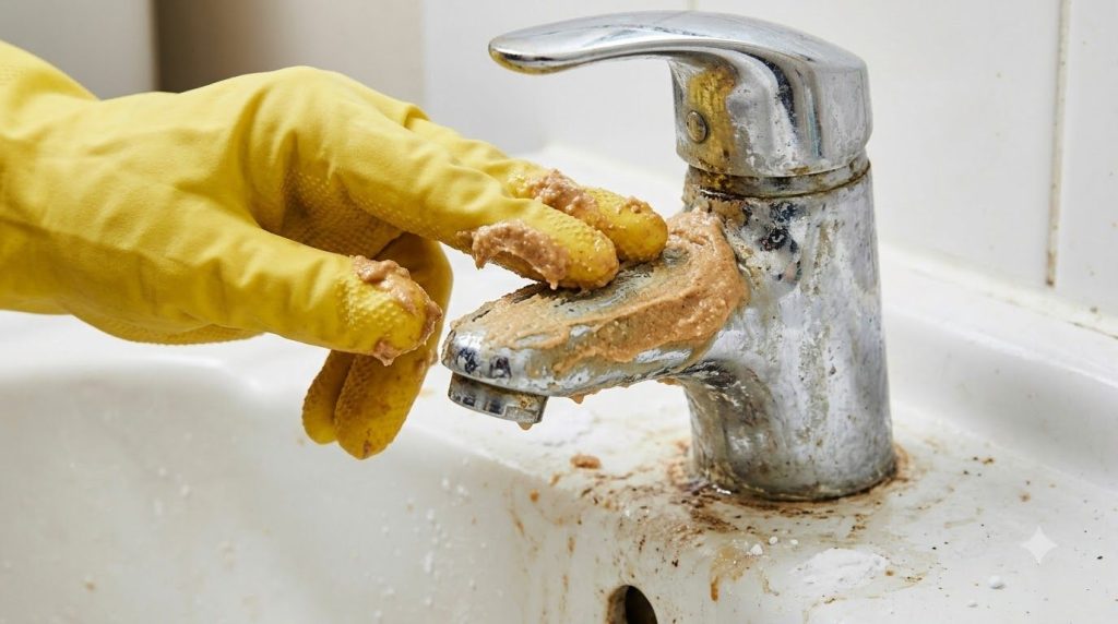 A hand applying the peanut butter and baking soda paste to a dirty bathroom sink and faucet