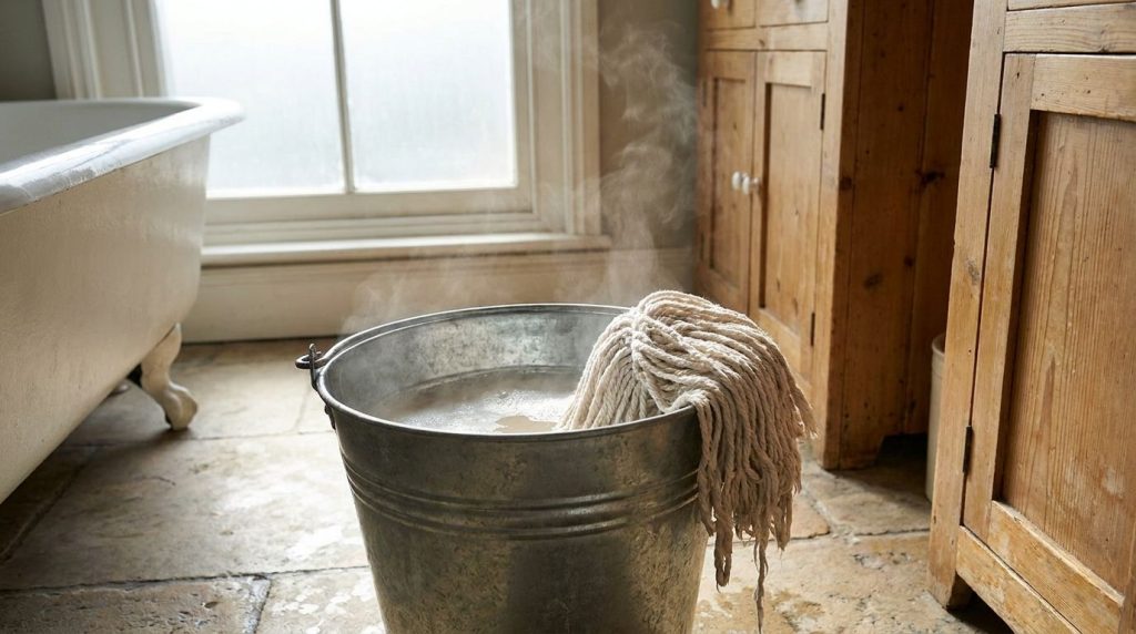 A bucket filled with warm water detergent and dissolved salt A mop head is submerged in the mixture ready for use