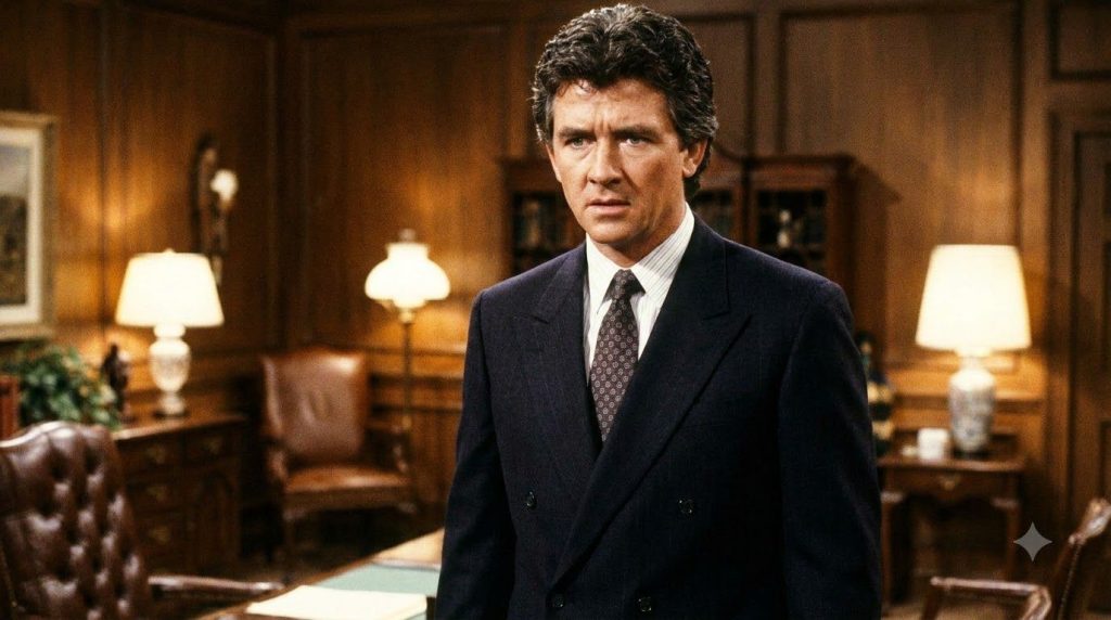 Patrick Duffy as Bobby Ewing in a scene from Dallas looking earnest and in a suit