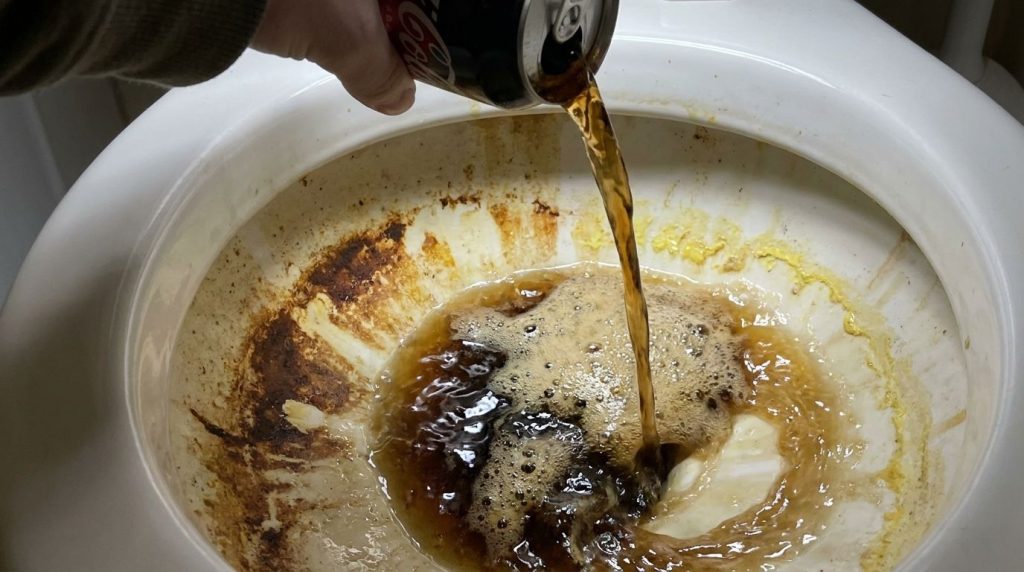 Close-up of Coca-Cola being poured into a dirty toilet bowl with visible stains