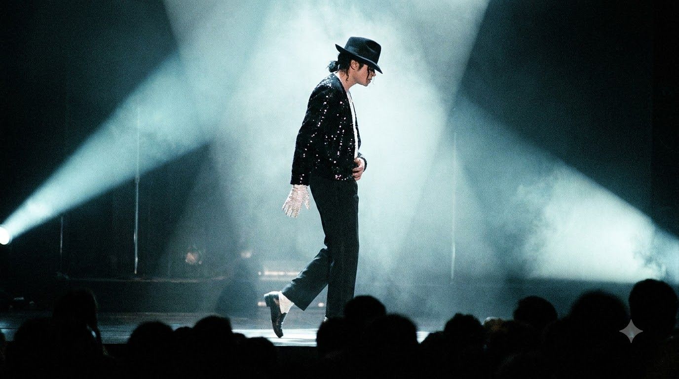 Michael Jackson performing Billie Jean on stage wearing a black sequined jacket white glove and fedora mid-moonwalk unde