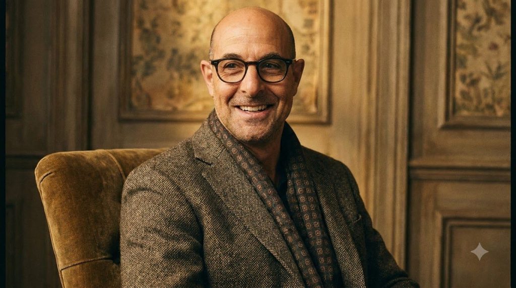 A portrait of Stanley Tucci smiling perhaps in a classic film setting
