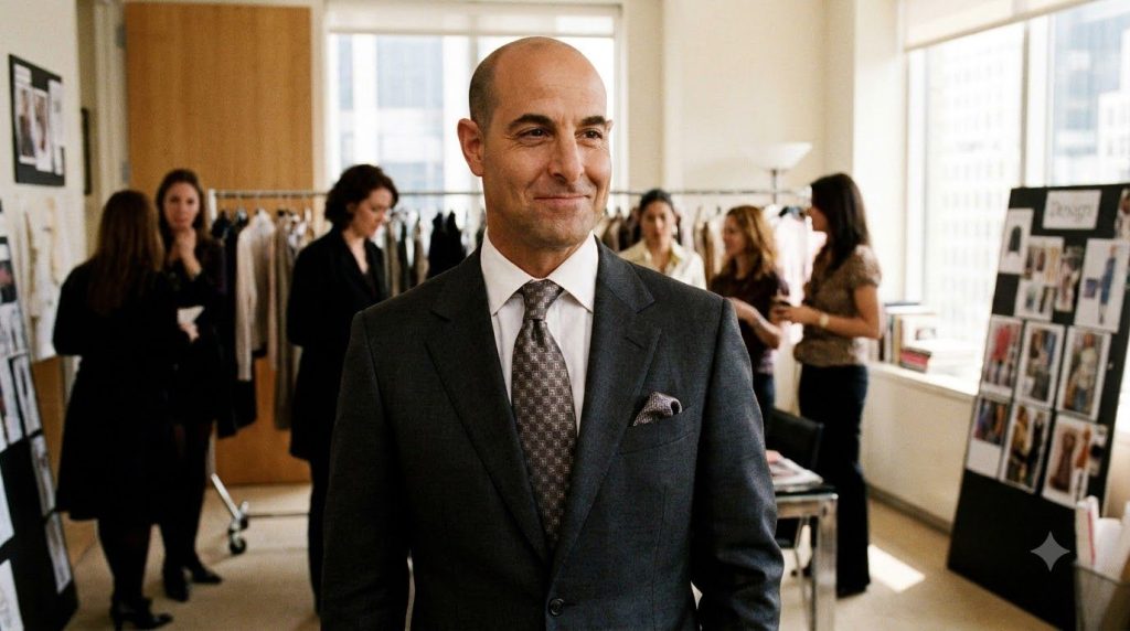 Stanley Tucci as Nigel in The Devil Wears Prada looking stylish and witty