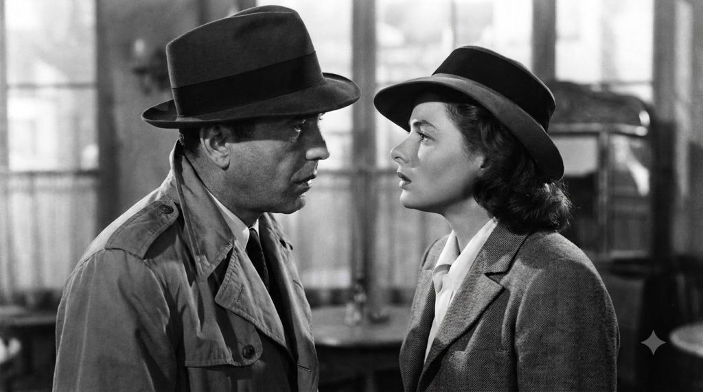 Humphrey Bogart and Ingrid Bergman in a romantic dramatic scene from the film Casablanca