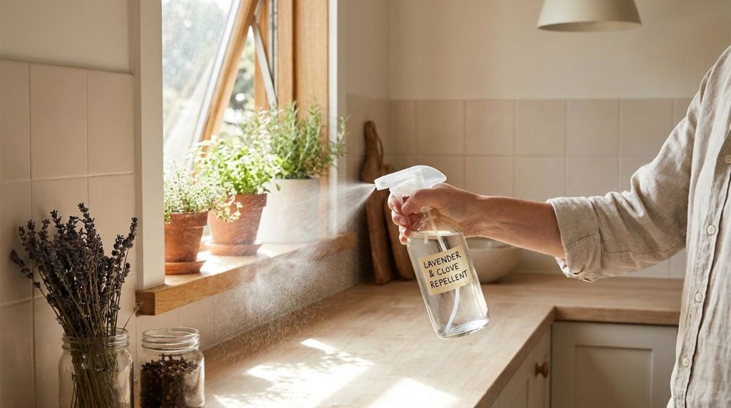 A person spraying the natural lavender and clove repellent in a kitchen near an open window with a subtle mist visible T