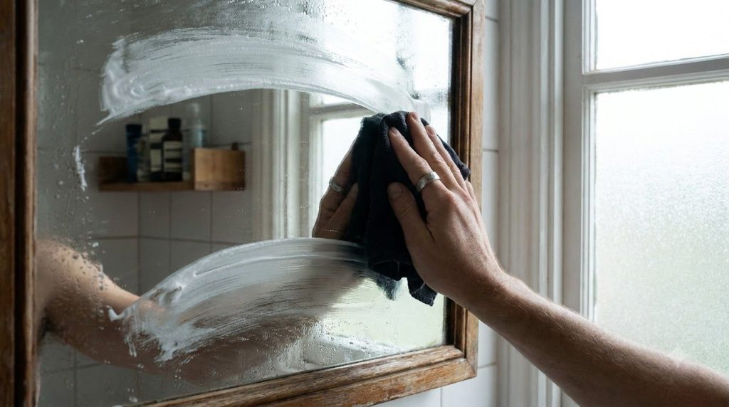 A hand wiping off shaving cream from a bathroom mirror showing one side clear and the other still covered with cream ind