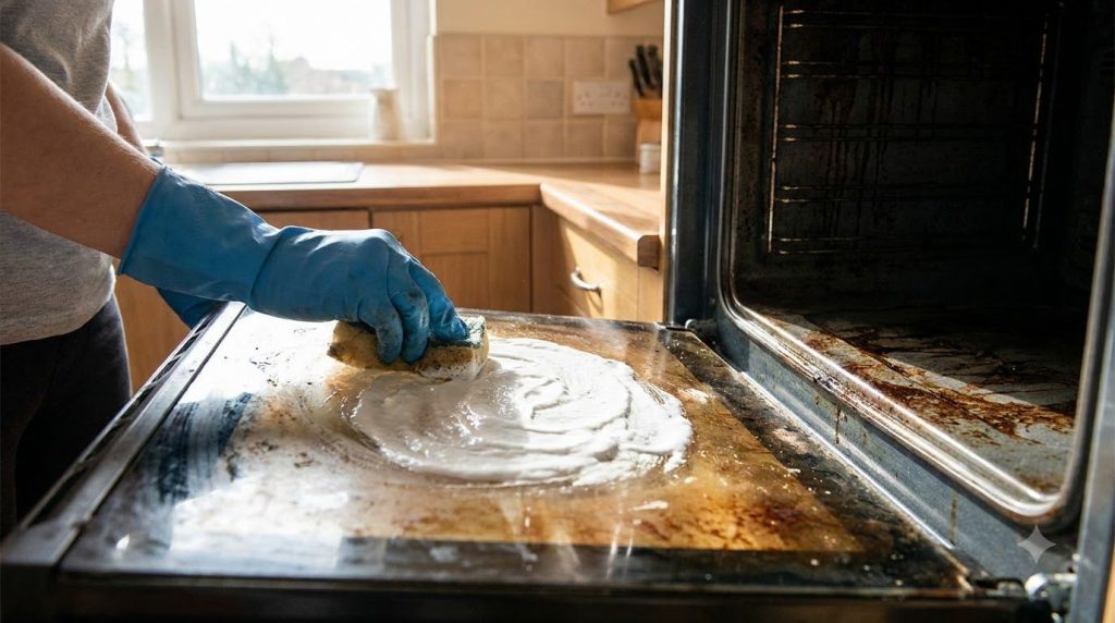 Inside of an oven door being cleaned with a baking soda paste showing stubborn burnt grease being removed by hand with a