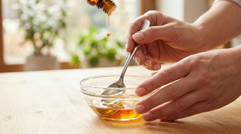Hands mixing baby oil and vitamin E oil in a small glass bowl with a spoon