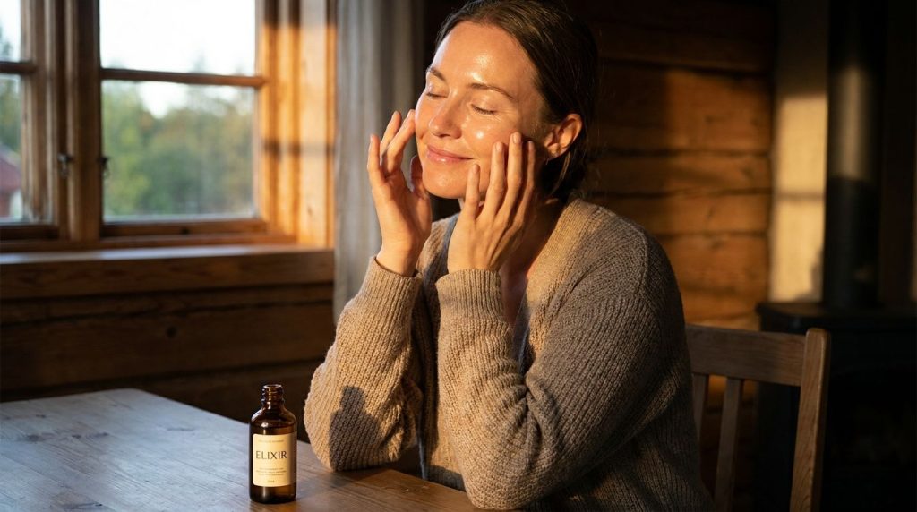 Woman gently applying oil blend to her face at night with a soft glowing skin effect
