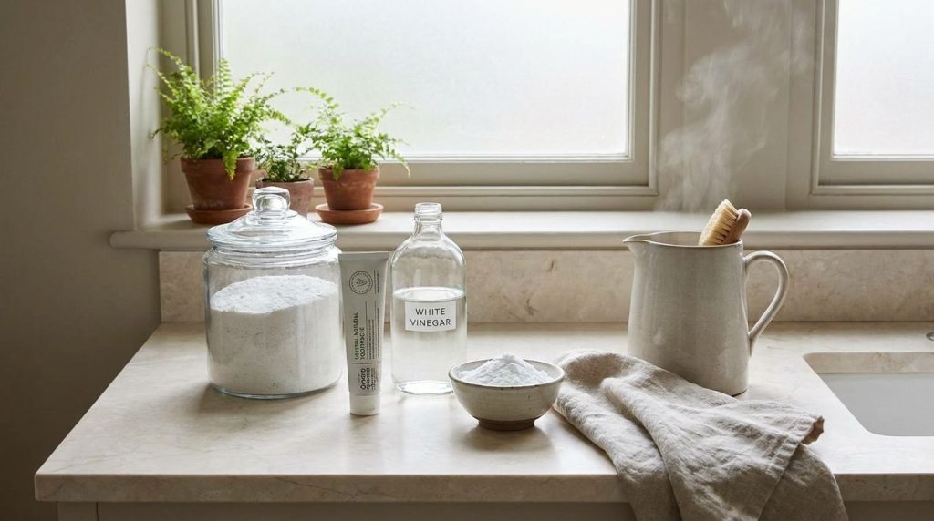 All cleaning ingredients detergent toothpaste white vinegar baking soda warm water neatly arranged on a bathroom counter