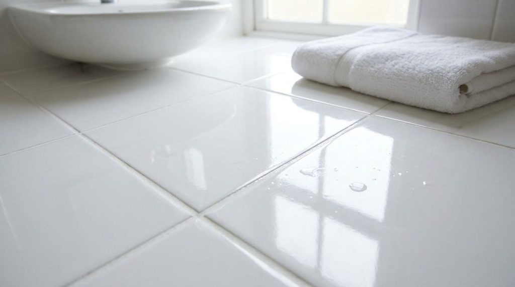 A perfectly clean and shiny tiled bathroom floor with sparkling white grout reflecting light showing the successful resu