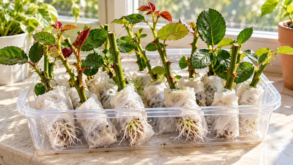 A series of rose cuttings some already showing small white roots poking through the damp toilet paper wrap arranged insi