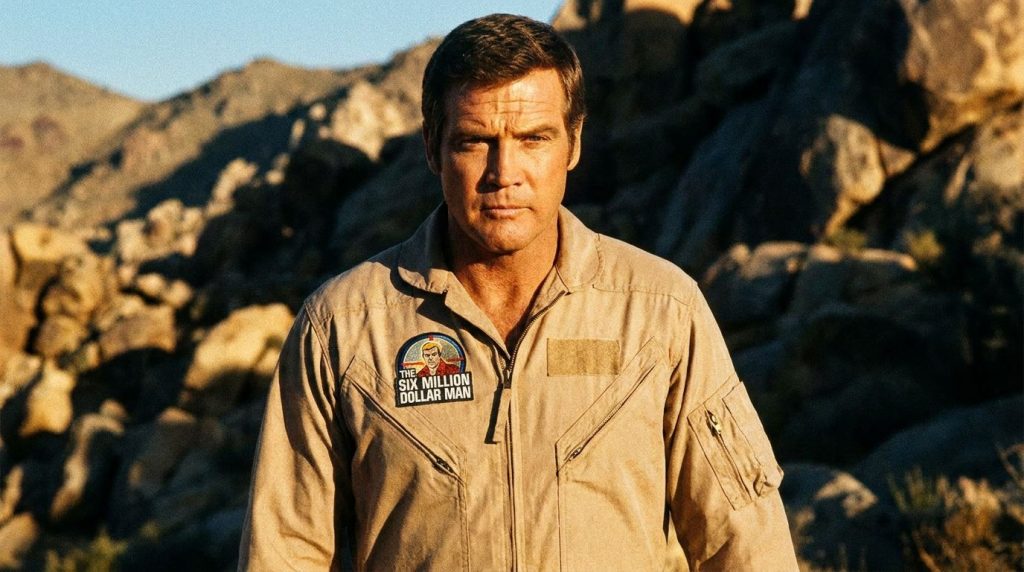 Lee Majors as Colonel Steve Austin from The Six Million Dollar Man in a classic 1970s TV show still He is in his iconic 