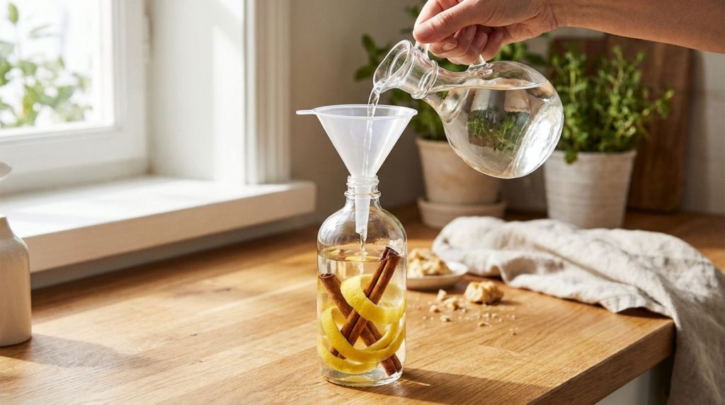 A hand pouring white vinegar into a spray bottle through a funnel with lemon peels and spices already inside
