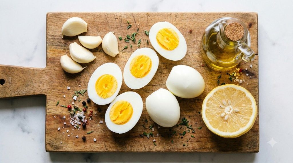 Hard-boiled eggs garlic lemon olive oil on a cutting board ready for blending