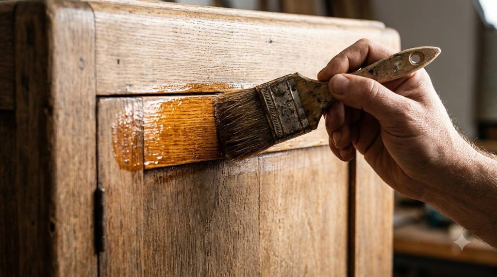 Close-up of a person s hand applying homemade varnish to a wooden cabinet with a brush showing a glossy finish on the tr