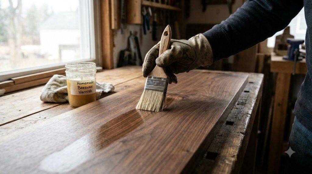 Una persona aplicando una capa fina de barniz casero sobre la superficie de un mueble de madera oscuro con una brocha La