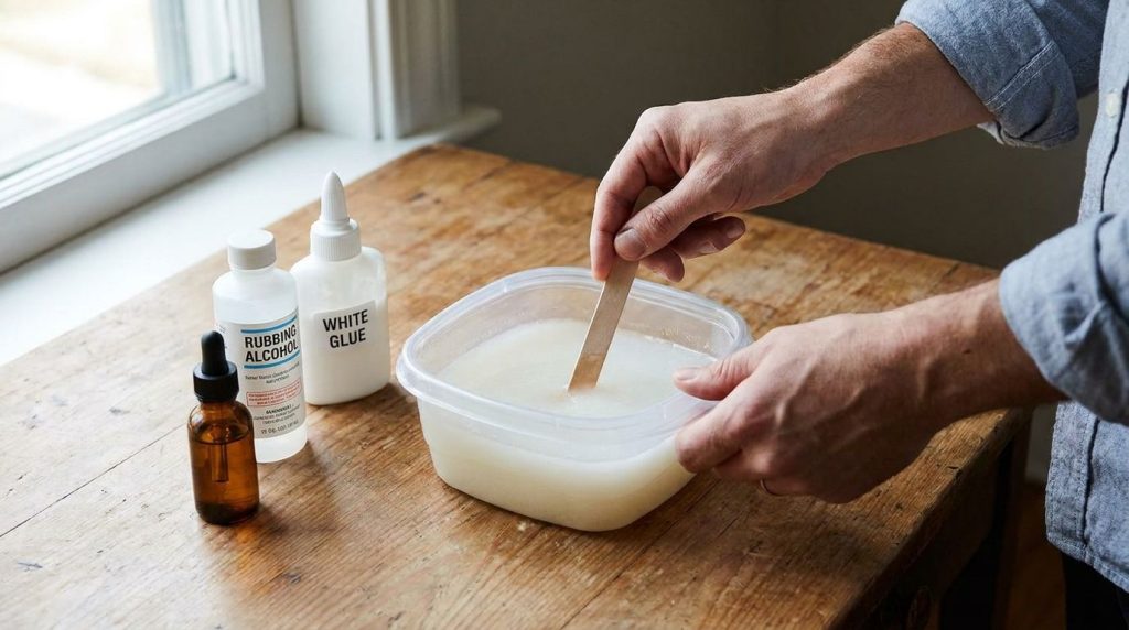Las manos de una persona mezclando pegamento blanco alcohol y un poco de aceite en un recipiente de plástico transparent