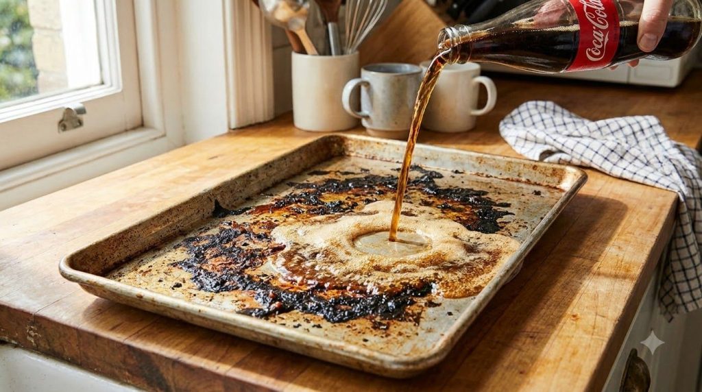 Coca-Cola poured directly onto a stained baking sheet covering the dirty areas