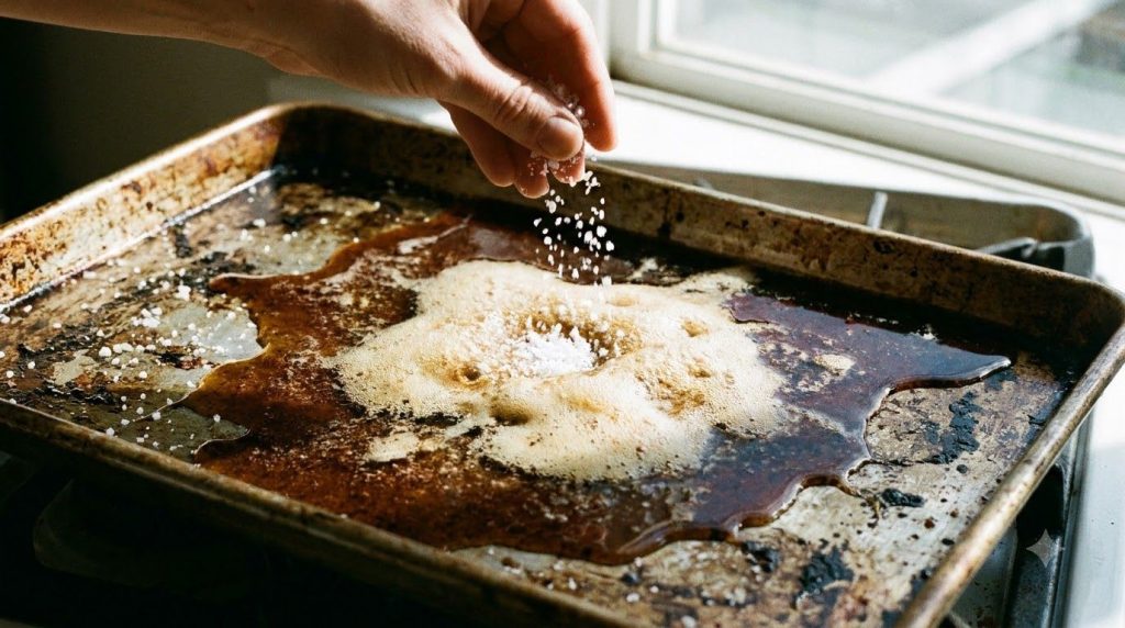 A close-up of salt being sprinkled over Coca-Cola that is already covering a stained baking sheet