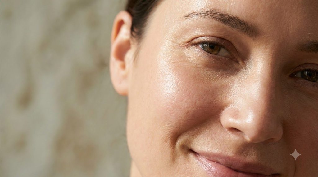 Close-up of a woman s radiant smooth skin looking refreshed