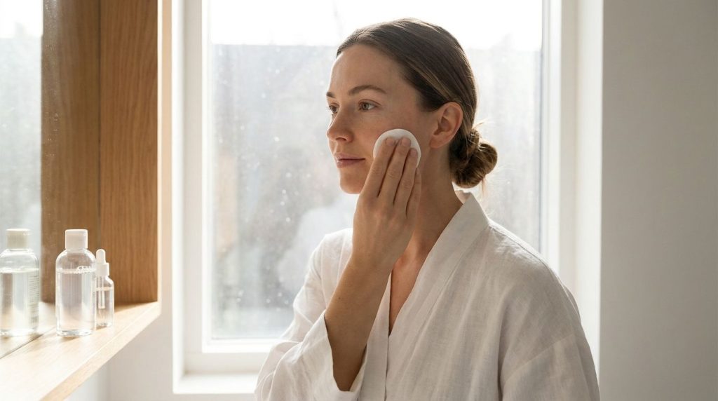 A woman gently applying a toner to her face with a cotton pad in a well-lit bathroom
