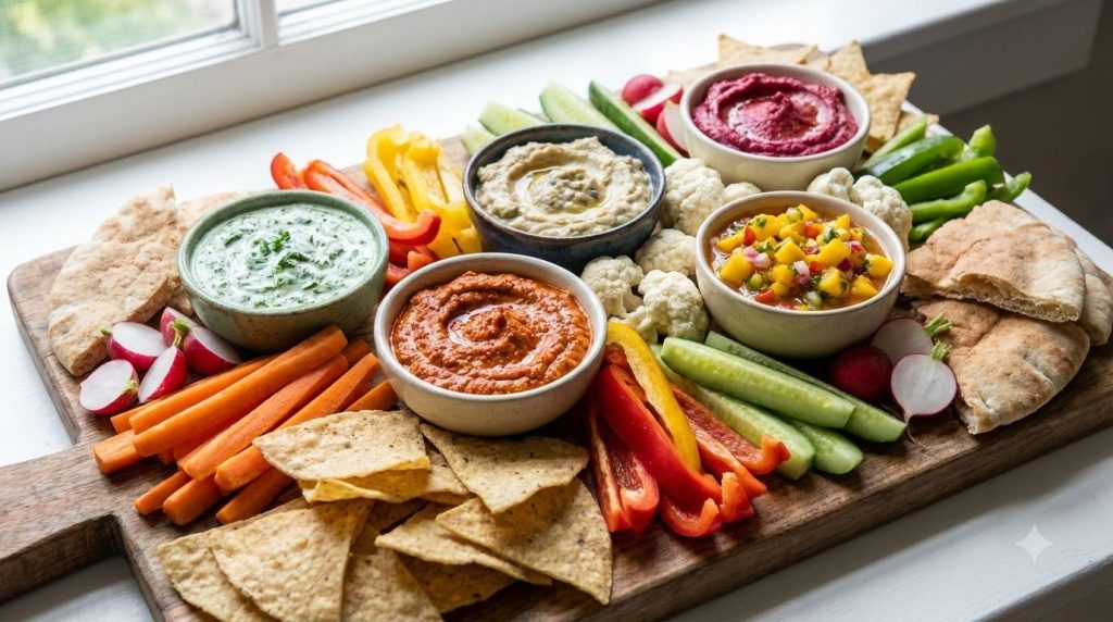 A vibrant spread of various dipping sauces in small bowls surrounded by fresh vegetables like carrots bell peppers and c