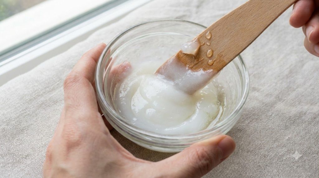 Close-up of a small bowl where Vaseline and baby oil are being mixed together with a spatula until smooth