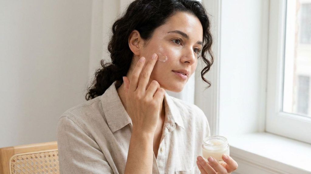 A woman gently applying a clear dewy balm to her cheek illustrating a glass skin effect with soft glowing skin