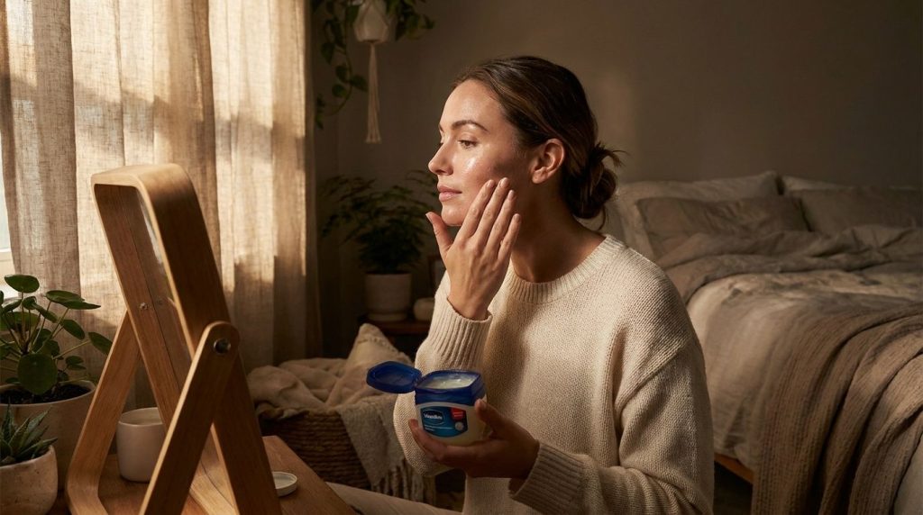 A woman gently patting a thin layer of Vaseline onto her clean face as part of a nightly skincare routine with soft ambi