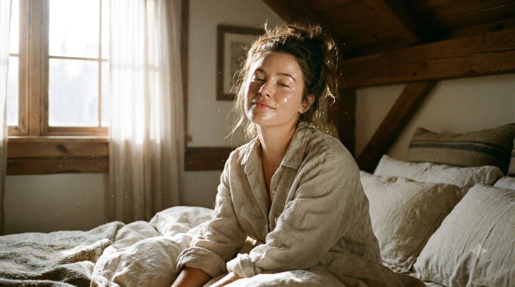 A woman waking up with visibly soft radiant and dewy-looking skin after a nightly skincare routine with natural morning 