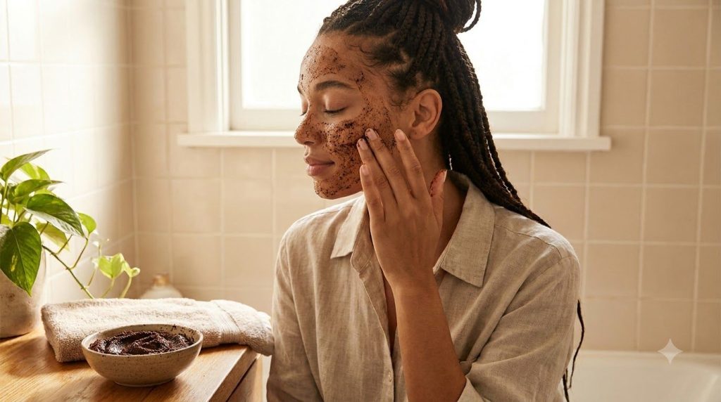 A woman gently applying the brown coffee ground mask to her cheek demonstrating the usage of the DIY beauty remedy
