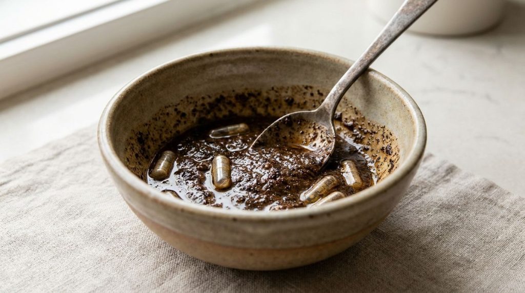 A close-up of a small bowl containing mixed coffee grounds Vaseline baby oil and vitamin E being stirred with a spoon to