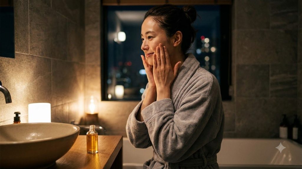 A woman gently massaging baby oil onto her face as part of her evening skincare routine
