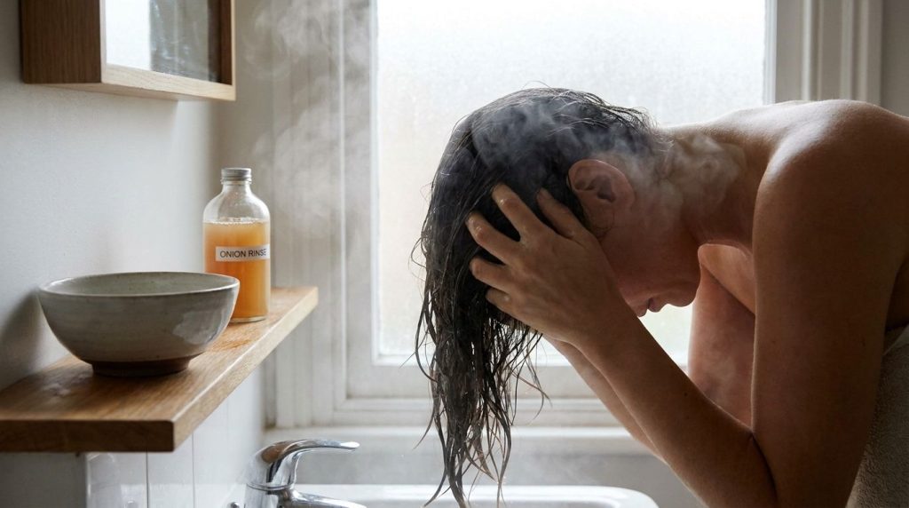 A person massaging the onion hair rinse into their wet hair showing the application step