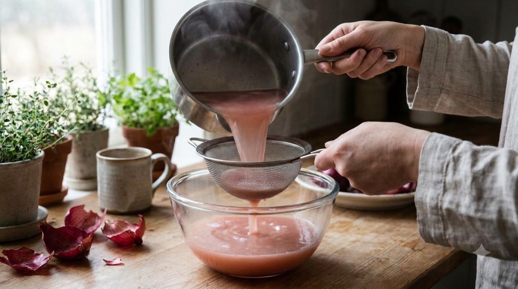 Straining the pink onion essence into a clean glass bowl ready for use as a hair rinse